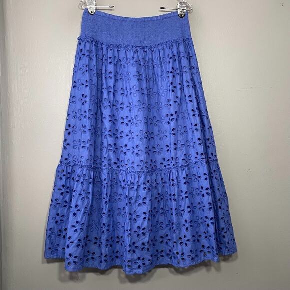 Jennifer & Grace Tiered Peasant Skirt Size Large Blue Boho Embroidered Eyelet - Picture 1 of 8